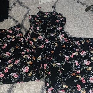 Black wide leg square neck Romper with floral print